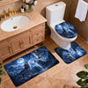 A set of three blue and white moonlit wolf bathroom mats placed on a tiled floor near a vanity and toilet.