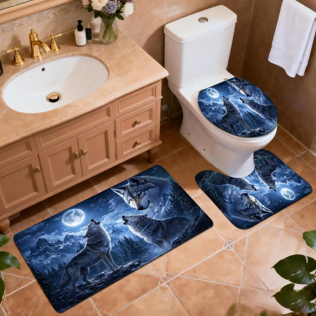 A set of three blue and white moonlit wolf bathroom mats placed on a tiled floor near a vanity and toilet.