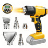 Yellow cordless heat gun with LCD display and five metal nozzles shown in various configurations.