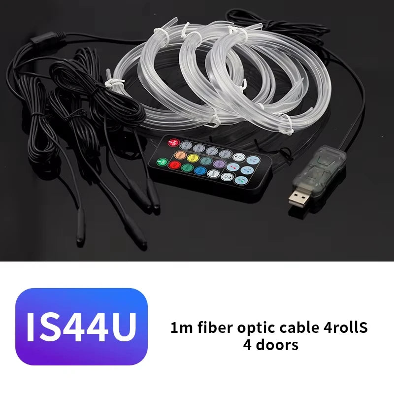 A set of 1m fiber optic cables and a remote control for an RGB music-sync car interior LED light strip.