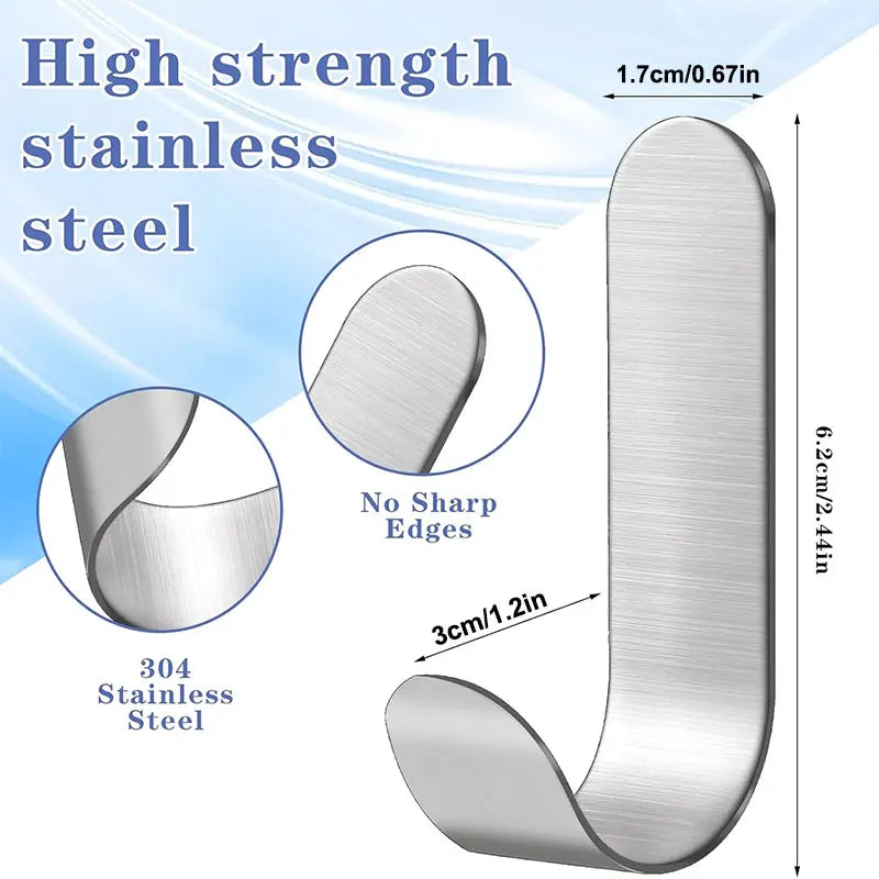 A silver stainless steel wall hook with smooth edges and a curved design shown in various views.