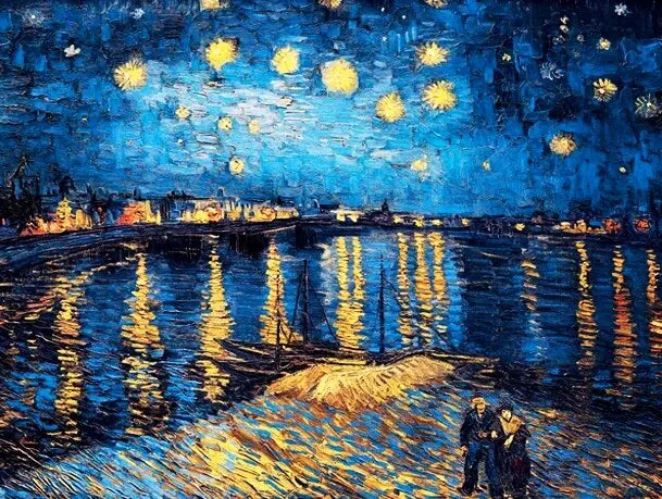 An oil painting of the Starry Night sky reflecting on water with small figures in the foreground.
