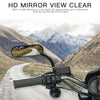 HD mirror view clear showing a winding road and mountains on a motorcycle