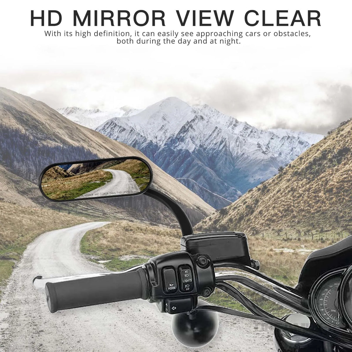 HD mirror view clear showing a winding road and mountains on a motorcycle