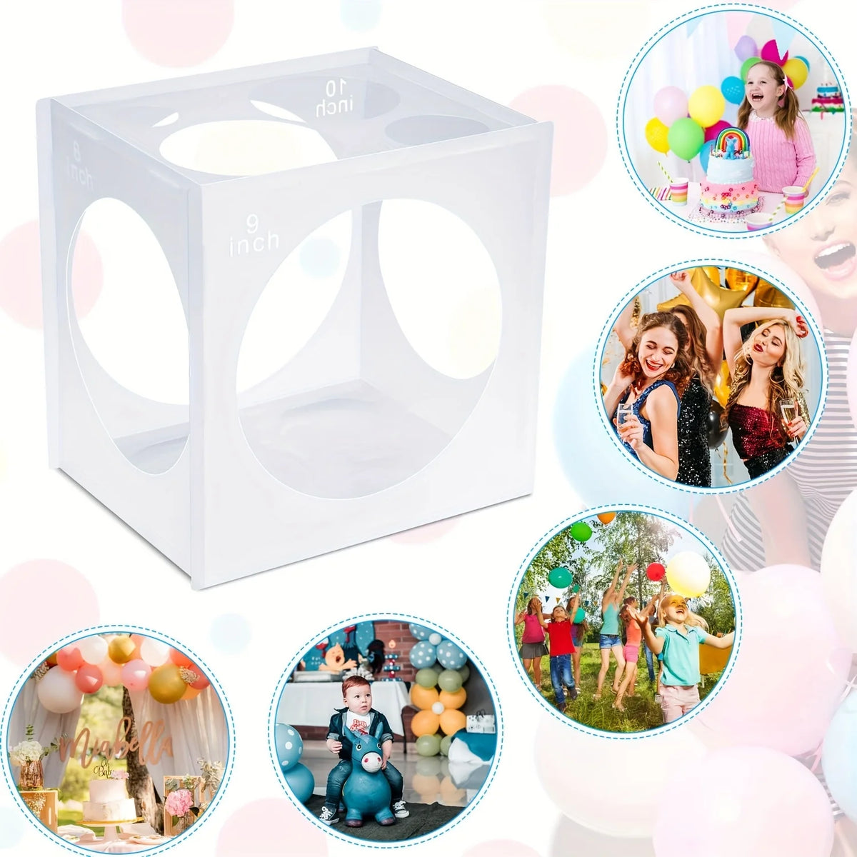 White collapsible balloon sizer cube with 11 sizing holes shown alongside balloons and people