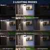 Three lighting modes of a solar powered motion sensor security light demonstrating 10% and 100% brightness settings.