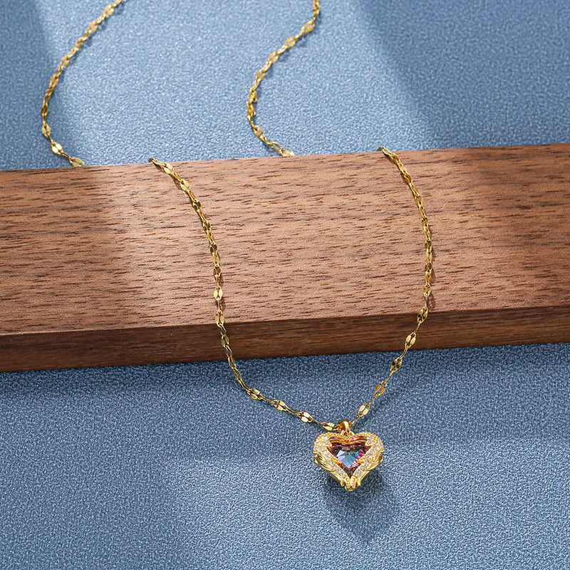 Colorful Crystal Ocean Heart Pendant Necklace