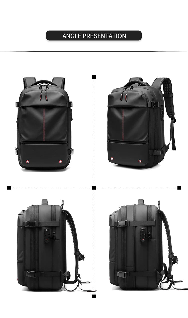 Black expandable travel laptop backpack shown in angle presentation with vacuum compression features.