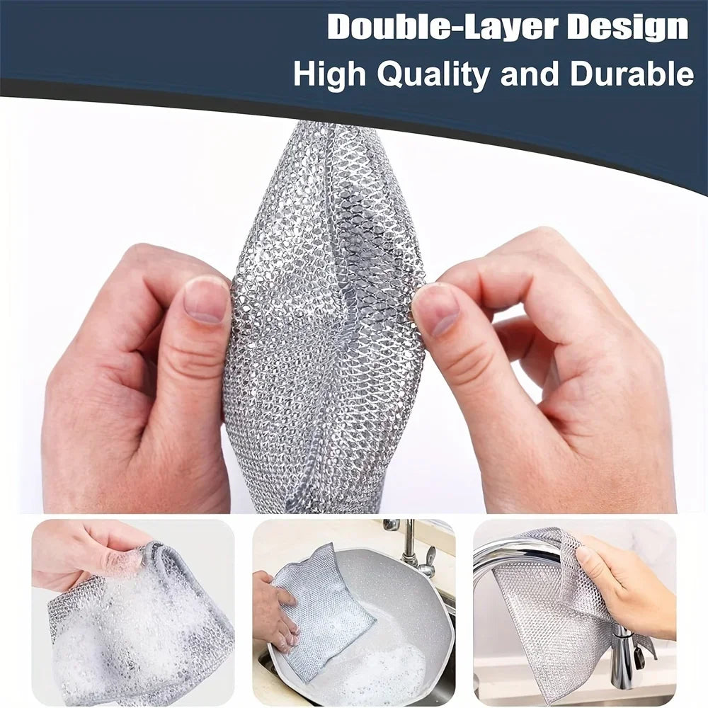 Hands demonstrate a double-layer microfiber cleaning cloth being used to wipe a stainless steel bowl.
