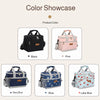 Showcase of insulated lunch bags in black, pink, navy blue, blue, and lake blue colors.