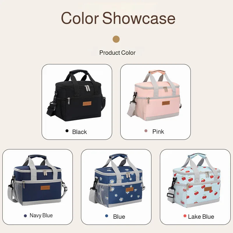 Showcase of insulated lunch bags in black, pink, navy blue, blue, and lake blue colors.