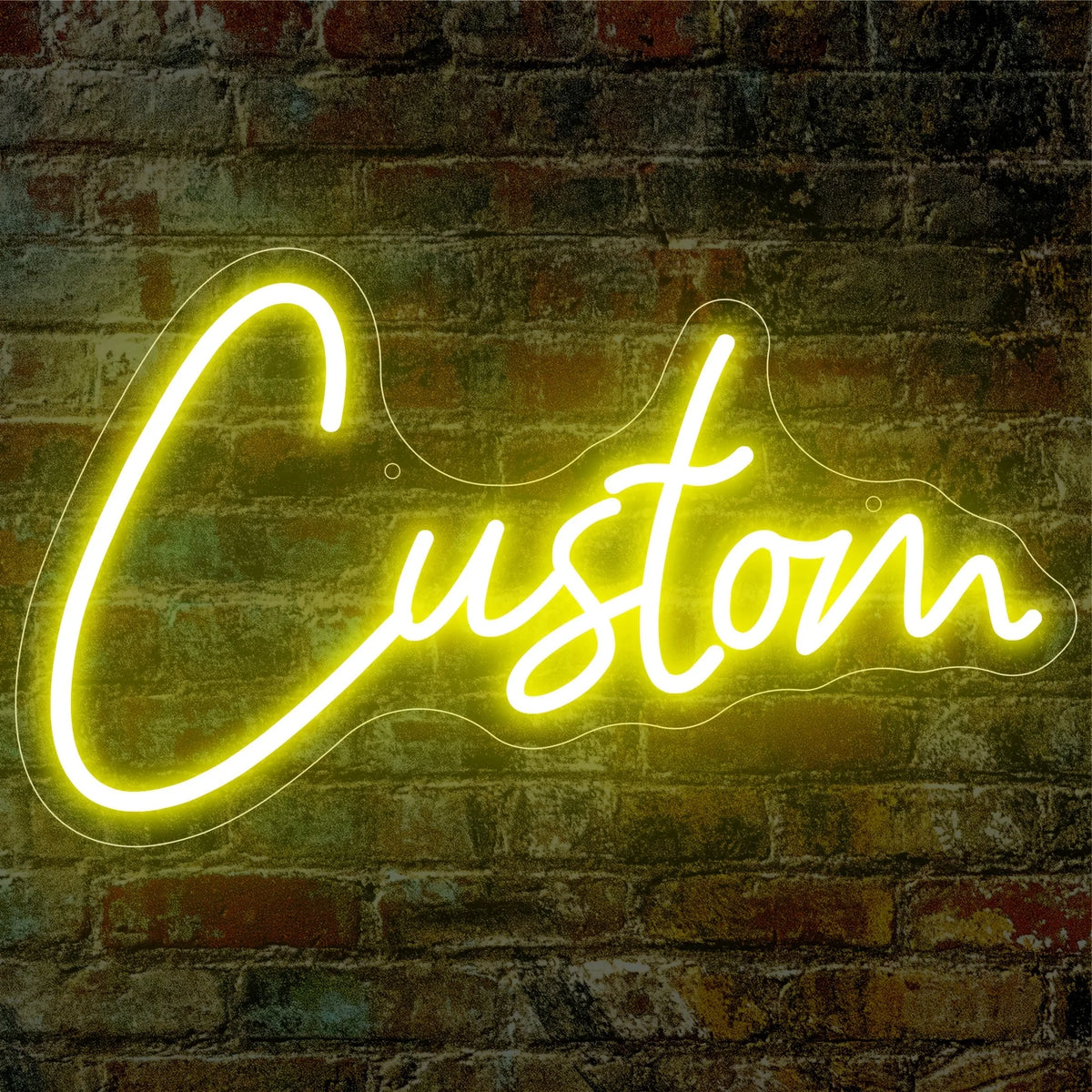 A glowing yellow neon sign spelling the word Custom is mounted on a textured brick wall.