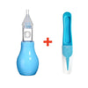 A blue baby nasal aspirator device with a silicone tip shown next to its disassembled parts.