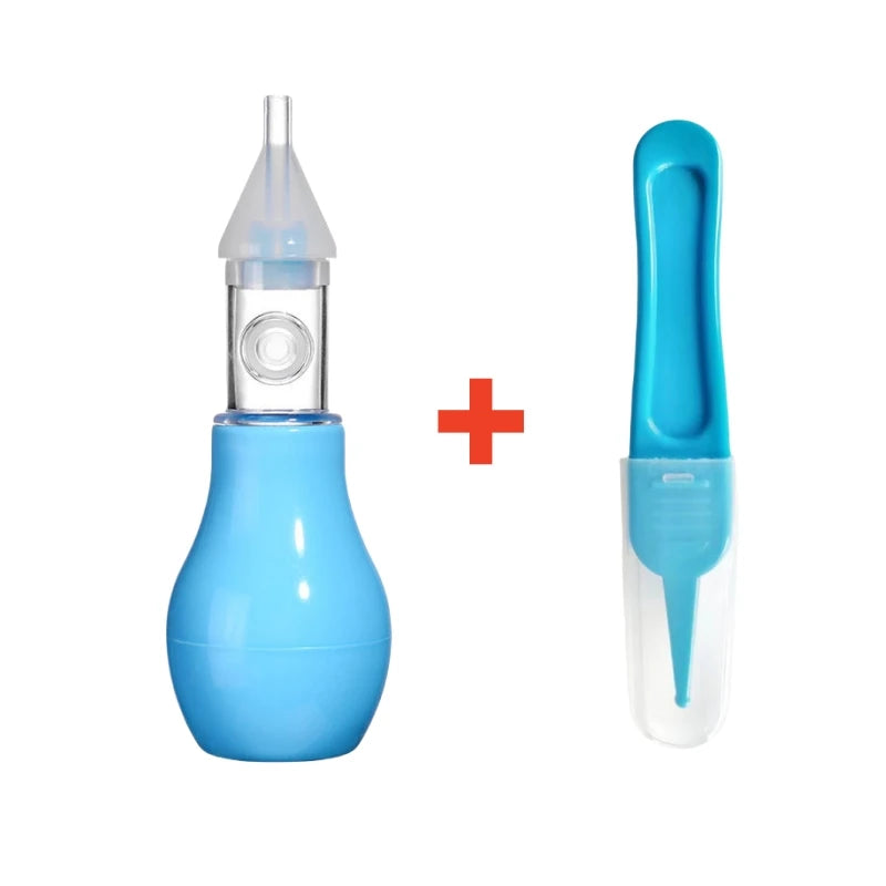 A blue baby nasal aspirator device with a silicone tip shown next to its disassembled parts.