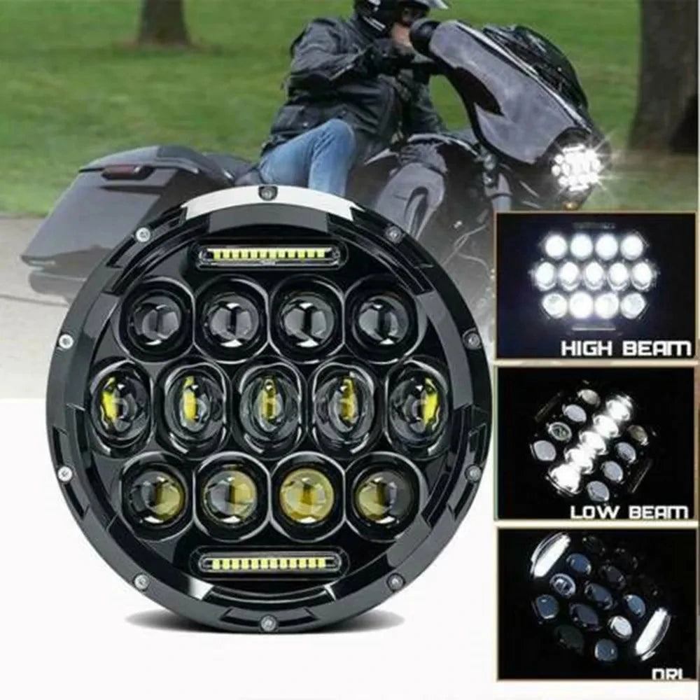 A close-up view of a round LED headlight assembly with multiple projector lenses for high and low beams.