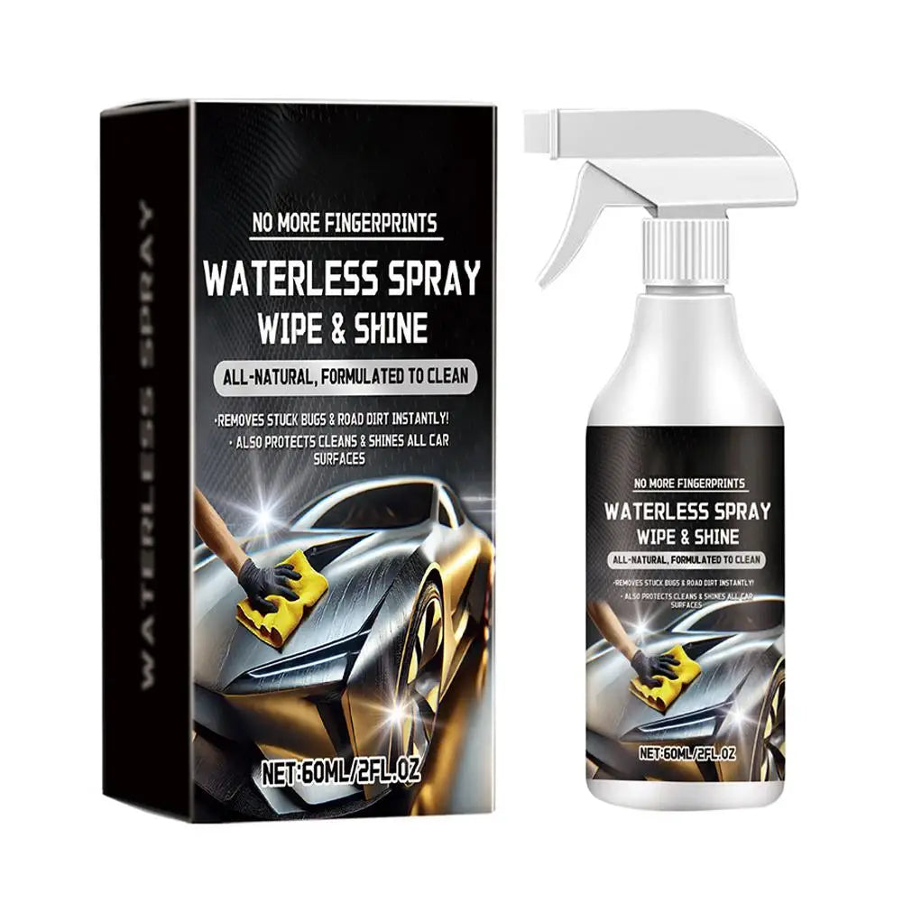 Una botella de limpiador spray sin agua y brillo para coches junto a su envase negro.