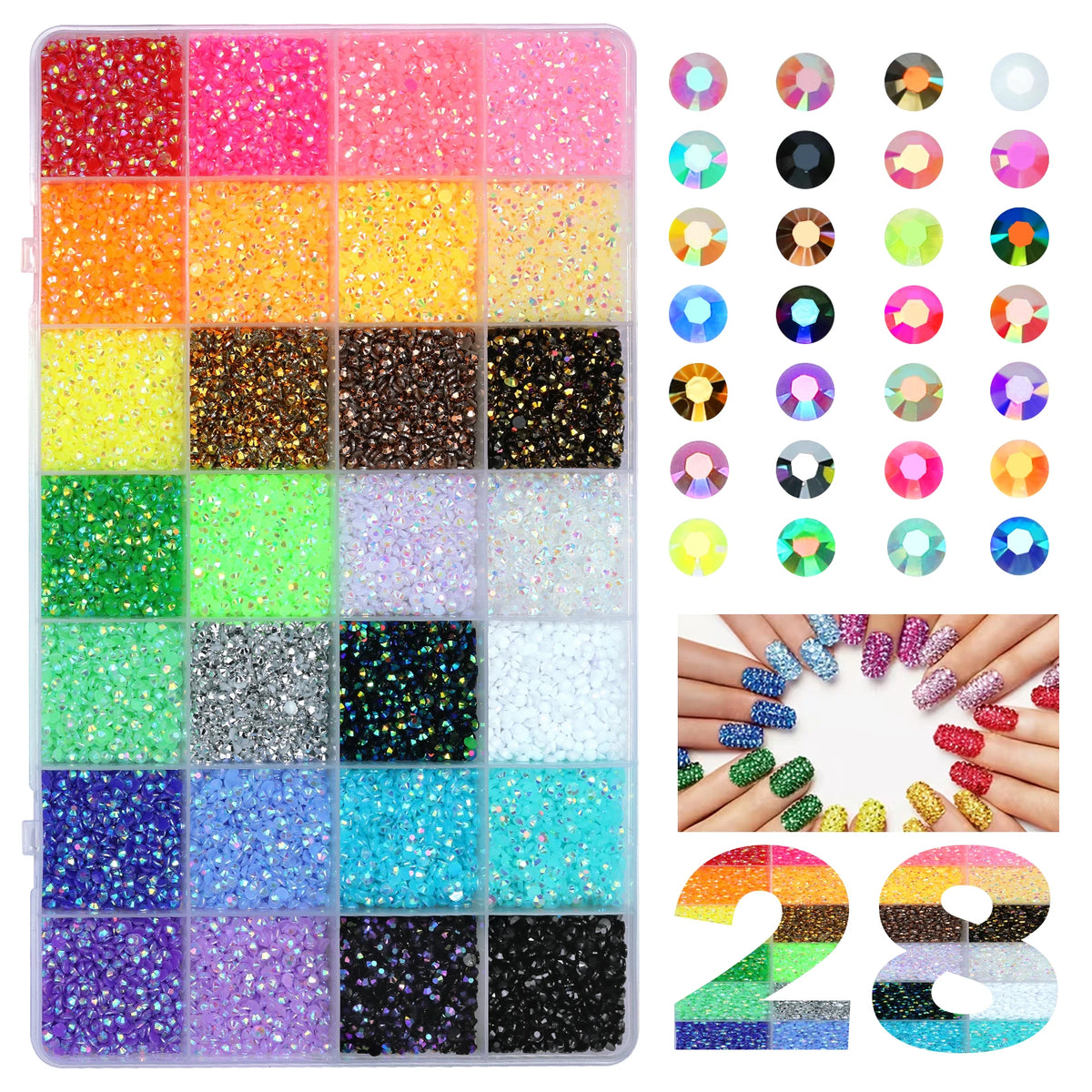 A palette of mixed color acrylic rhinestone flatbacks for craft decoration, showing various glitter and solid colors.