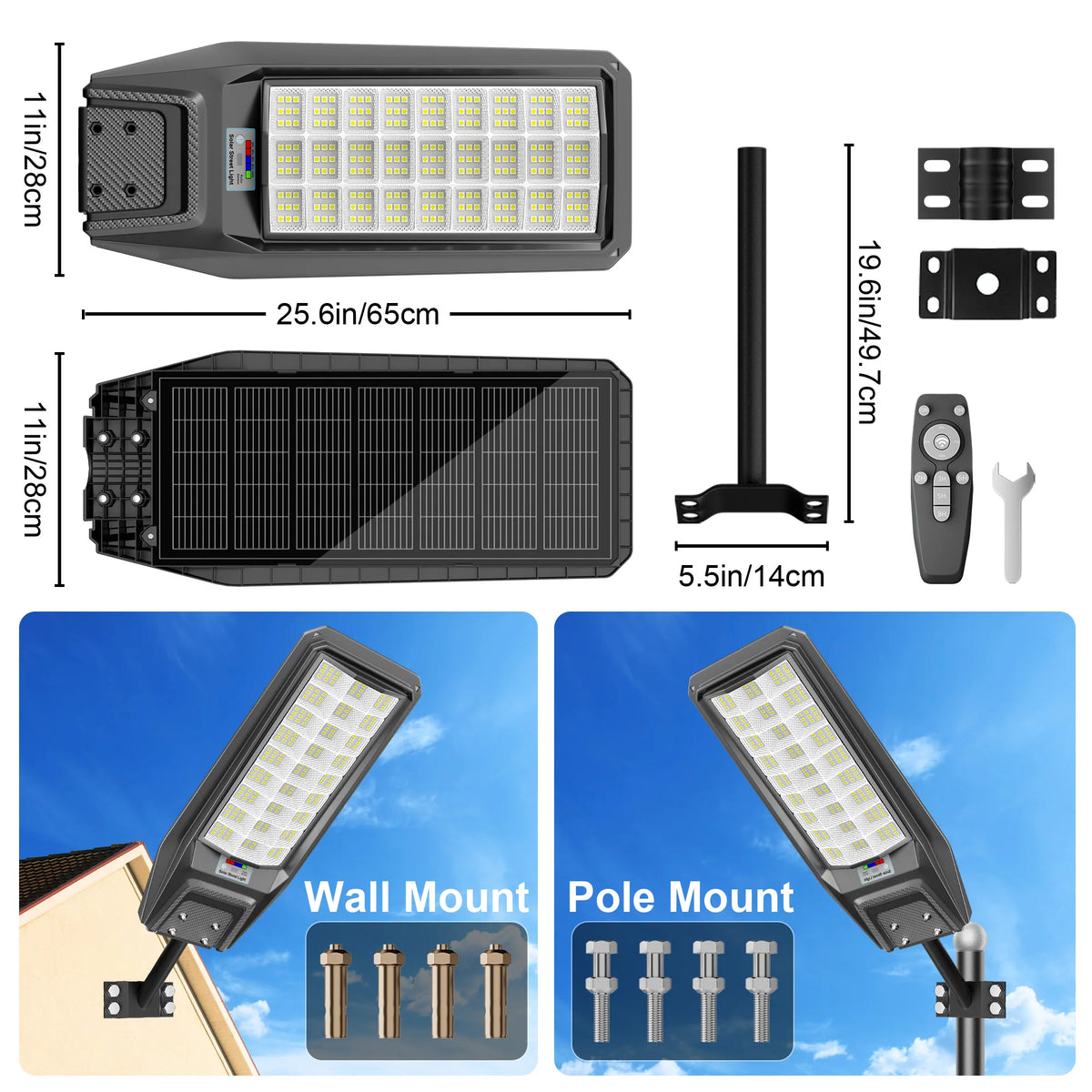 Outdoor security light featuring a wall mount and pole mount design with a motion sensor and remote control.