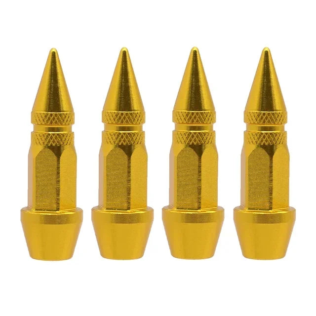 A set of five gold-colored universal bullet head screws for tires and valves.