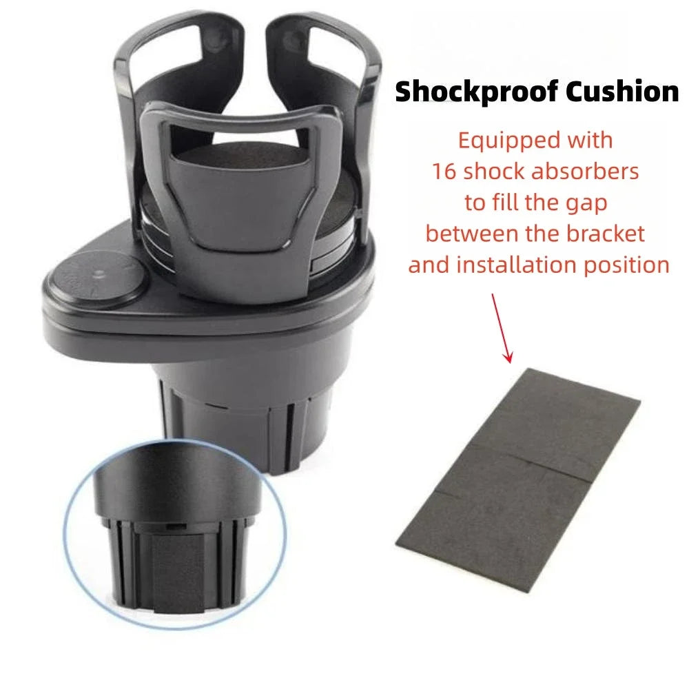 A black shockproof cushion and bracket assembly for a car cup holder with an expandable base.