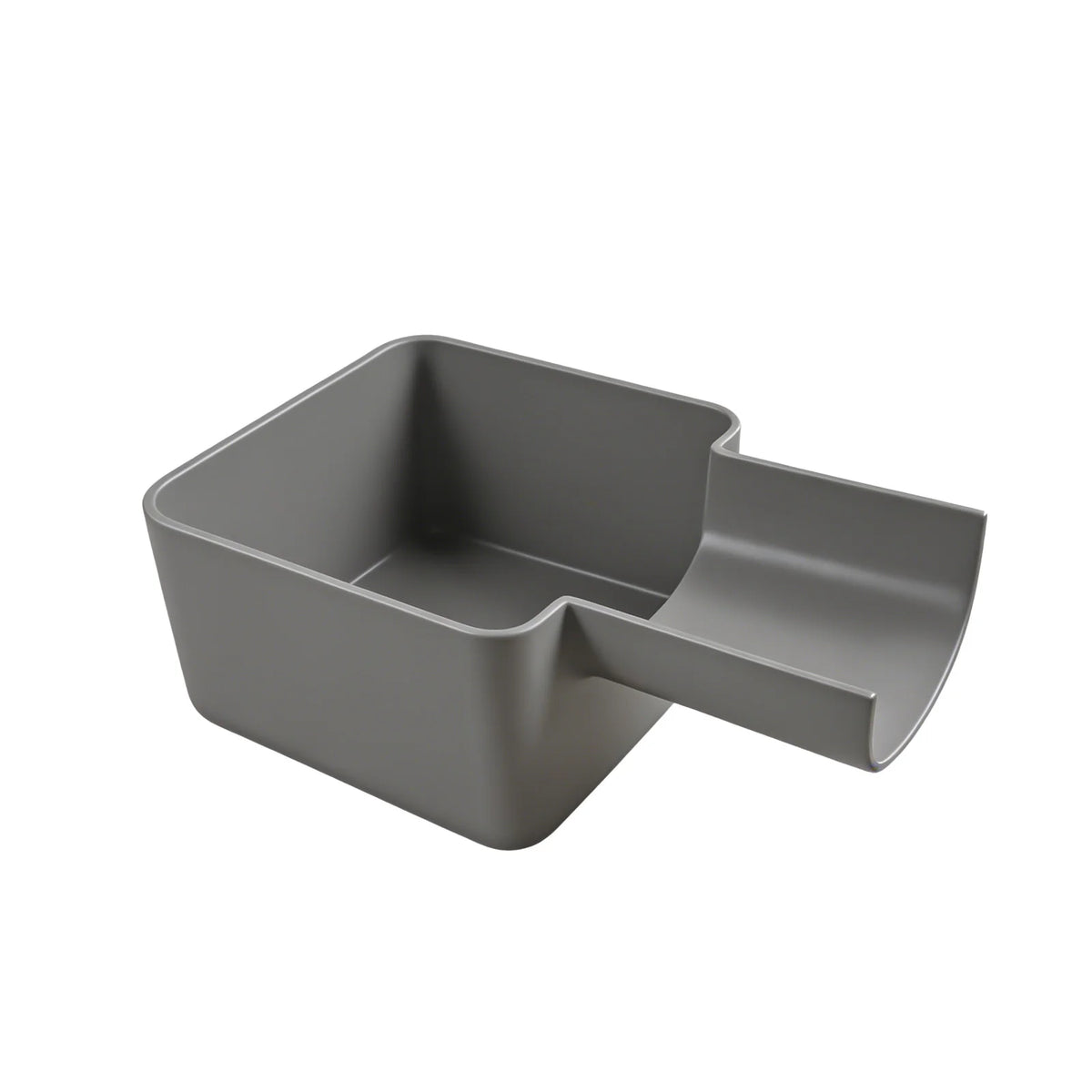 A gray washing machine drain funnel and overflow guard with a drip pan.