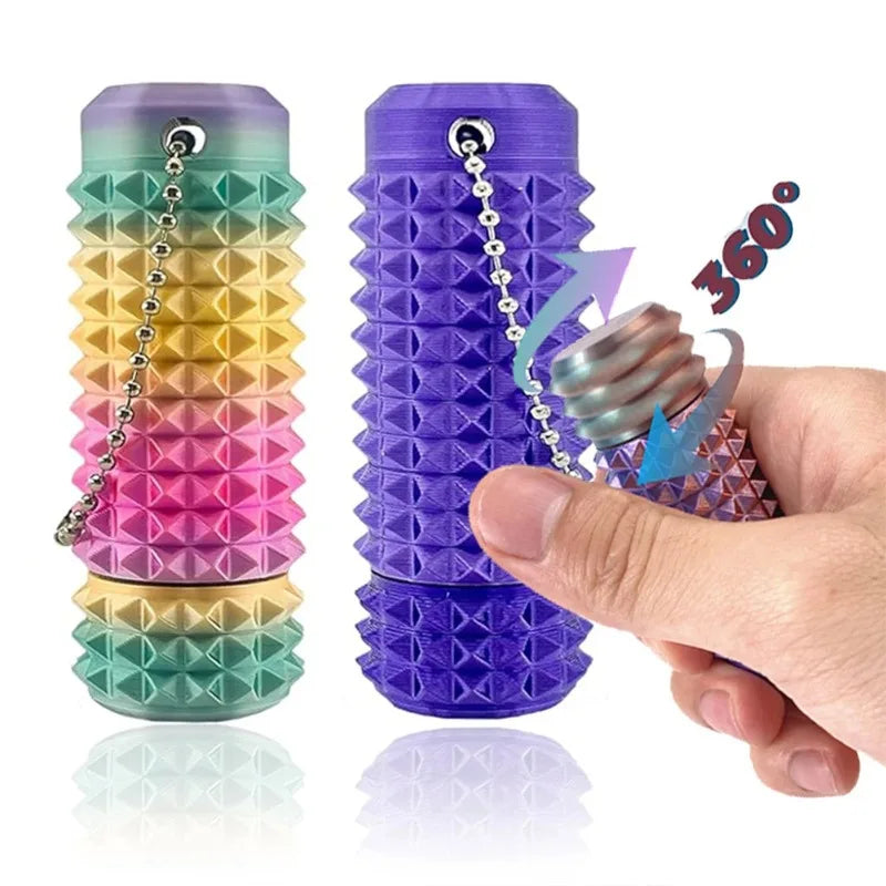A hand holds a purple spiky fidget keychain with a silver chain, showing a 360-degree view.