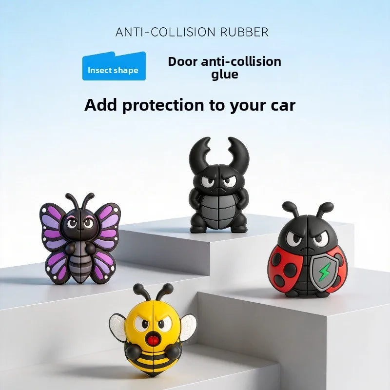 A set of insect-shaped door anti-collision glue protectors for cars, including bee and beetle designs.