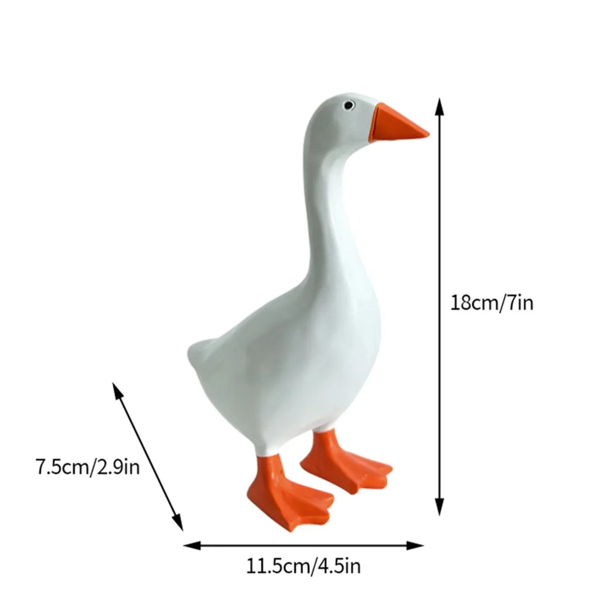White resin goose sculpture with orange beak and feet, shown in profile.