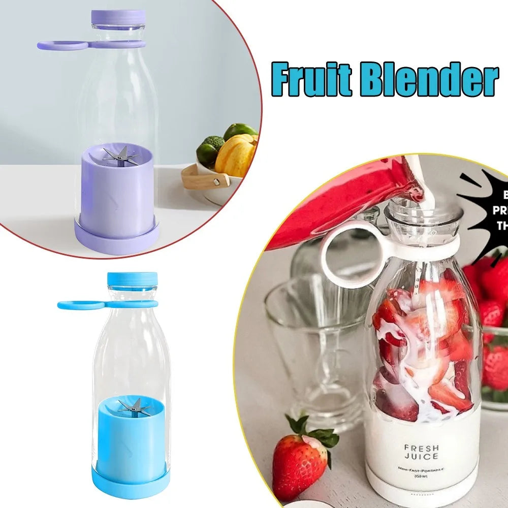 Ein Set tragbarer Blenderflaschen in lila und blau, die Ober- und Unterteile zeigen.