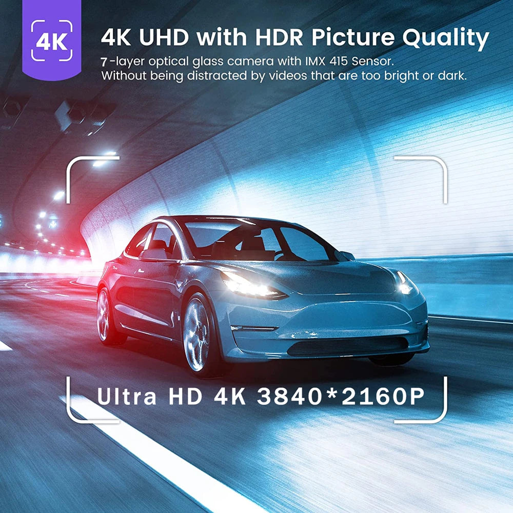 A blue Tesla is driving on a road, with a 4K UHD camera view displayed in the foreground.