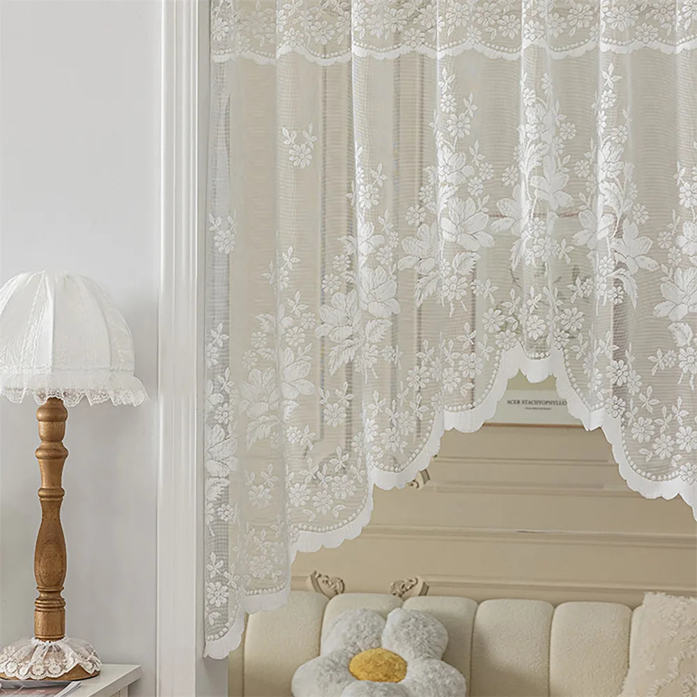 White Sheer Lace Curtain Valance with Floral Jacquard Pattern