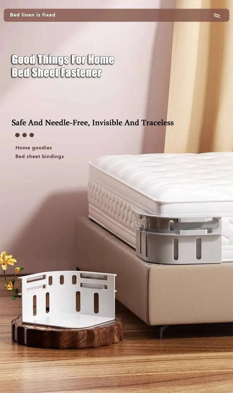 A white bed sheet fastener clip is shown resting on a wooden surface next to a bed frame.