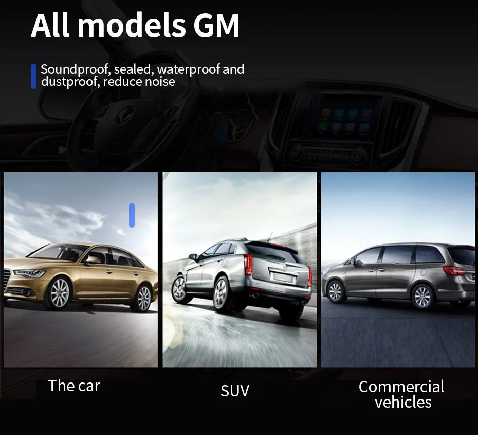 A promotional image showing various GM vehicles (car, SUV, commercial vehicle) with a close-up of a door seal strip.