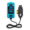 A blue automotive fuse current tester device with a black cable and connector.