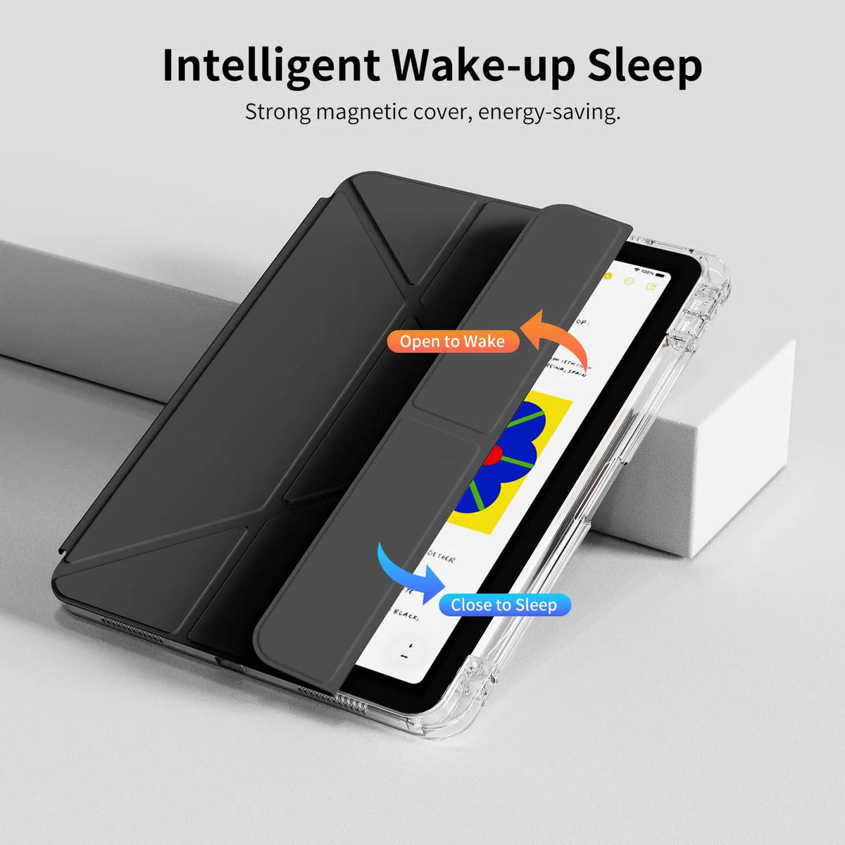 A black magnetic flip smart cover for an iPad is shown, demonstrating the open to wake and close to sleep functions.