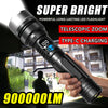 A hand holds a super bright telescopic zoom Type-C charging LED flashlight with a digital display against an outdoor backgrou