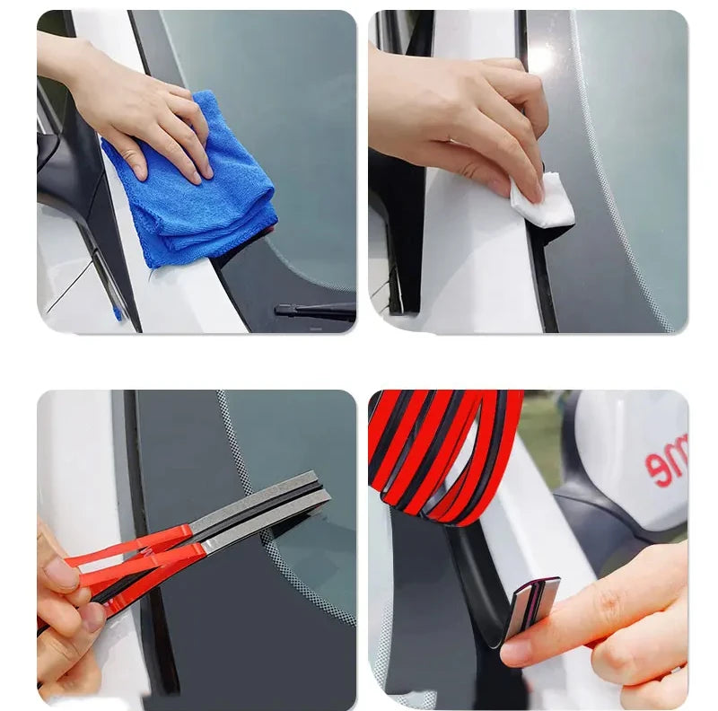 Hands cleaning a car window with a blue cloth and a rubber seal strip.