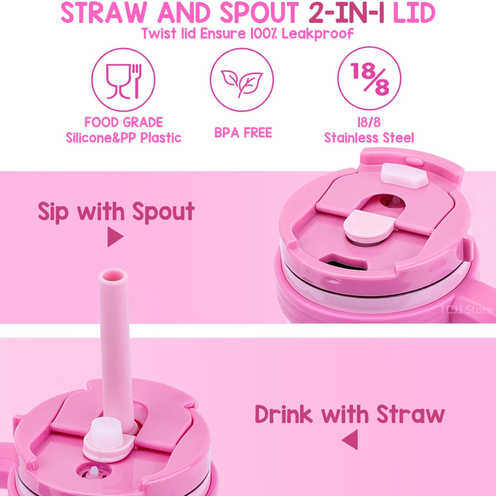 Pink straw and spout lid for a tumbler, showing how to sip with a spout or drink with a straw.