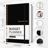 A black A5 budget planner with a cover featuring the title Budget Planner and various features like a waterproof case.