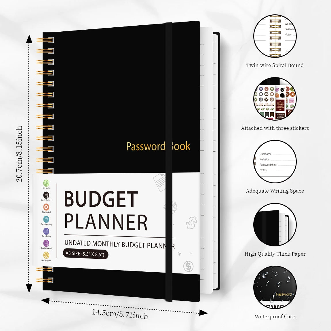 A black A5 budget planner with a cover featuring the title Budget Planner and various features like a waterproof case.