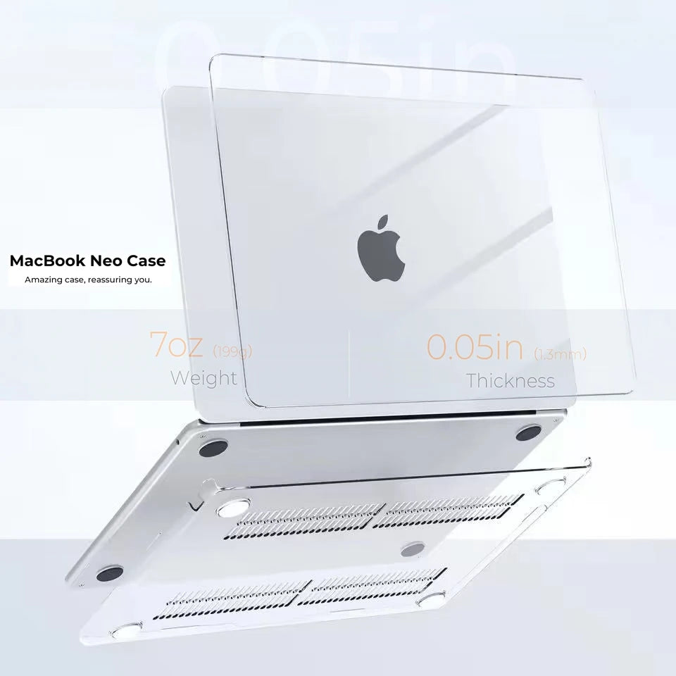 A white hard shell case for a MacBook Neo, shown with the keyboard cover removed and the bottom shell visible.