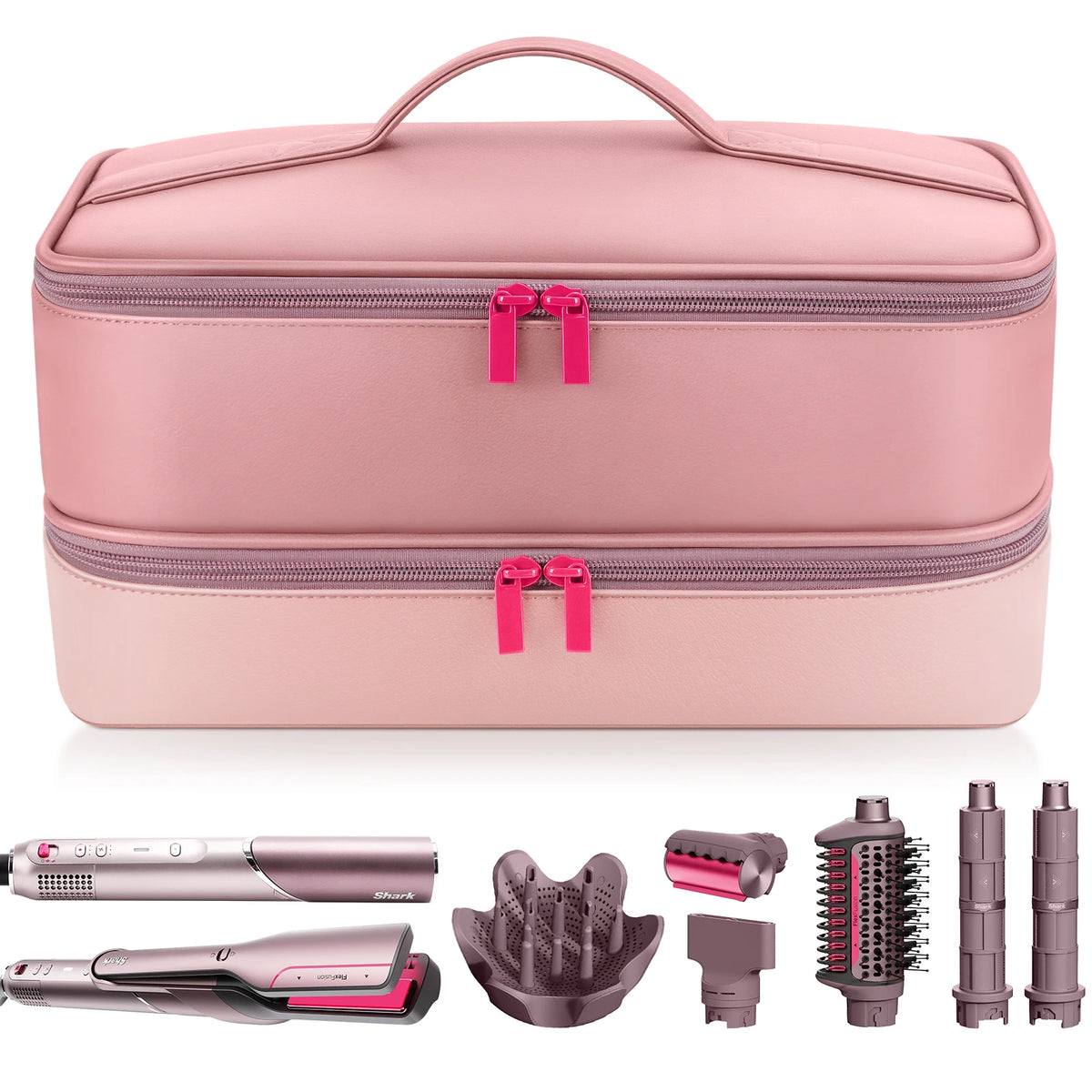 A pink double-layer travel storage bag containing a hair dryer and various accessories like a straightener and curling iron.