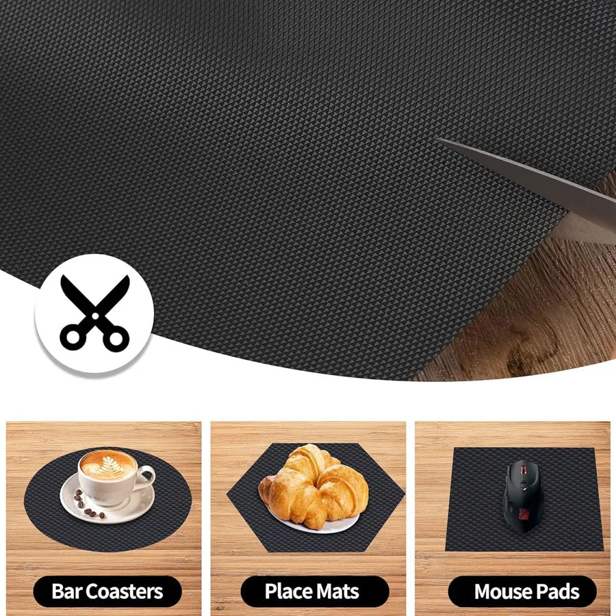 A set of black EVA waterproof non-slip drawer and shelf liner mats, place mats, and mouse pads.