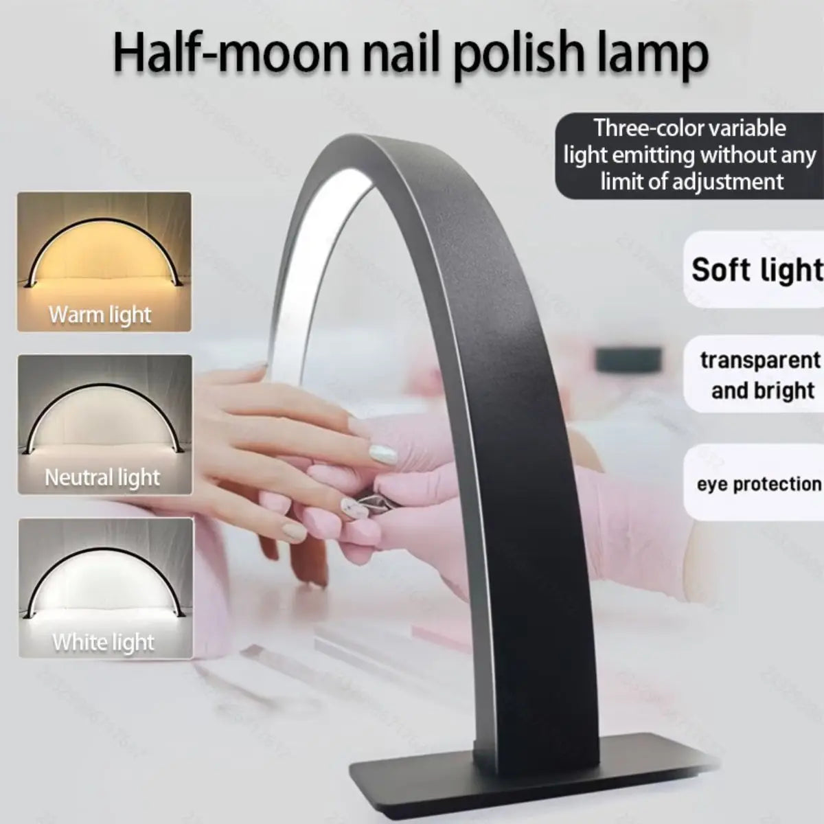A black half-moon LED arc desk lamp is shown illuminating a hand for nail polish or lash extension work.