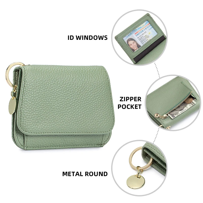 Genuine Leather Tri-Fold Wallet with Coin Pocket & Keychain