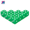 A set of ten green plastic game dice with white dots arranged in a grid.