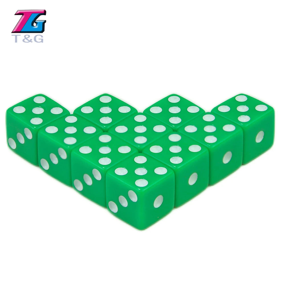 A set of ten green plastic game dice with white dots arranged in a grid.