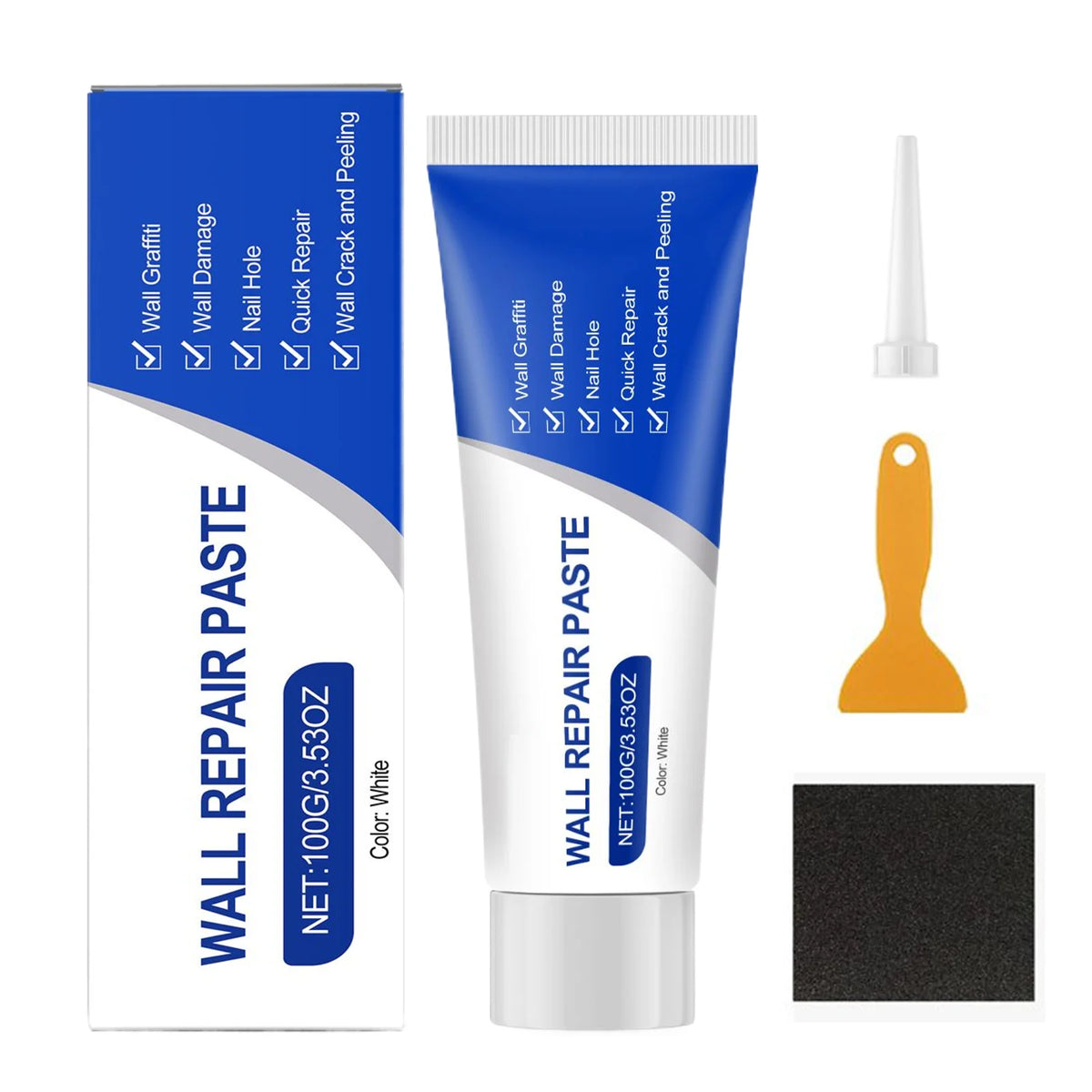A tube of Wall Repair Paste with a box showing various uses and a scraper tool.