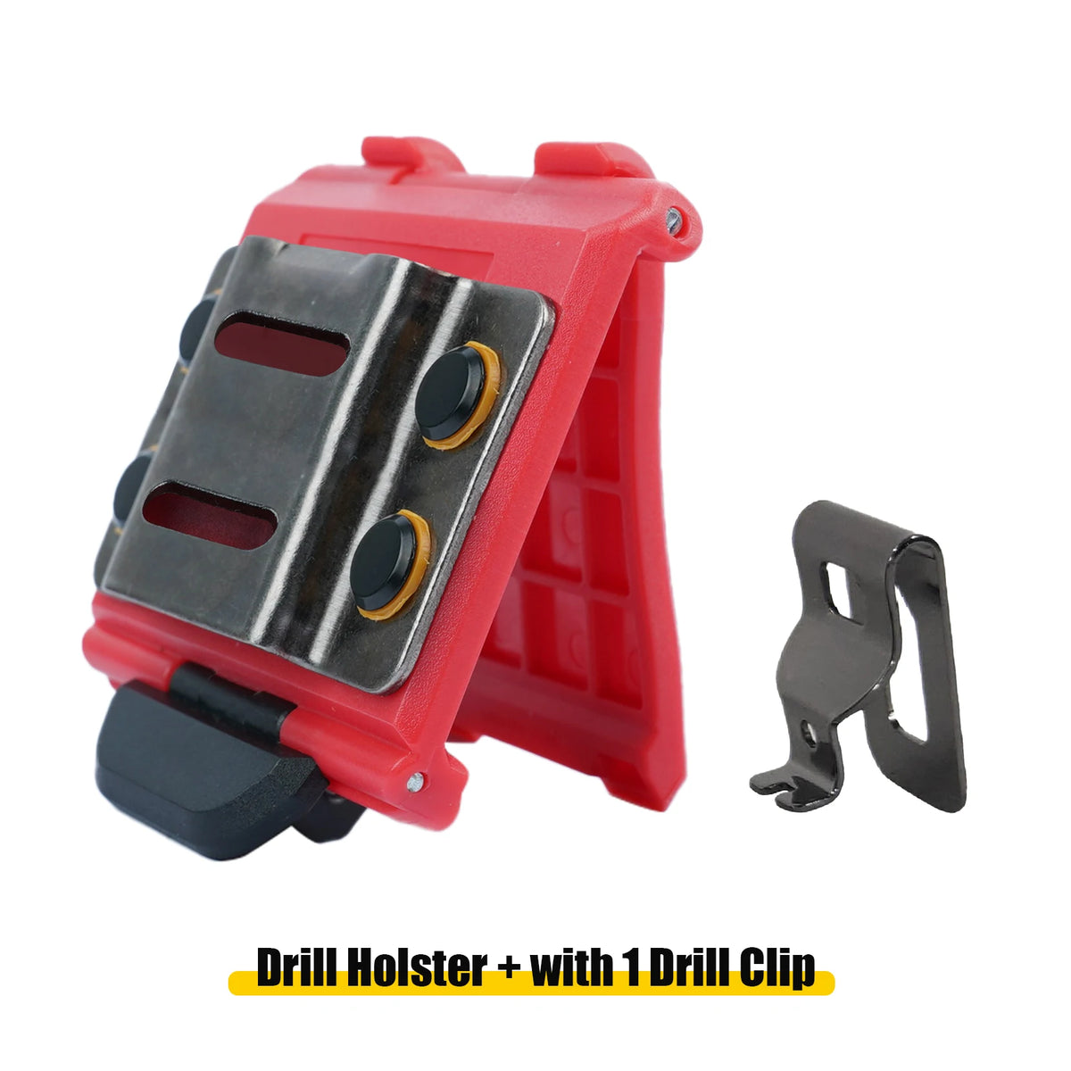 Red drill holster with a metal clip and one drill clip for holding tools