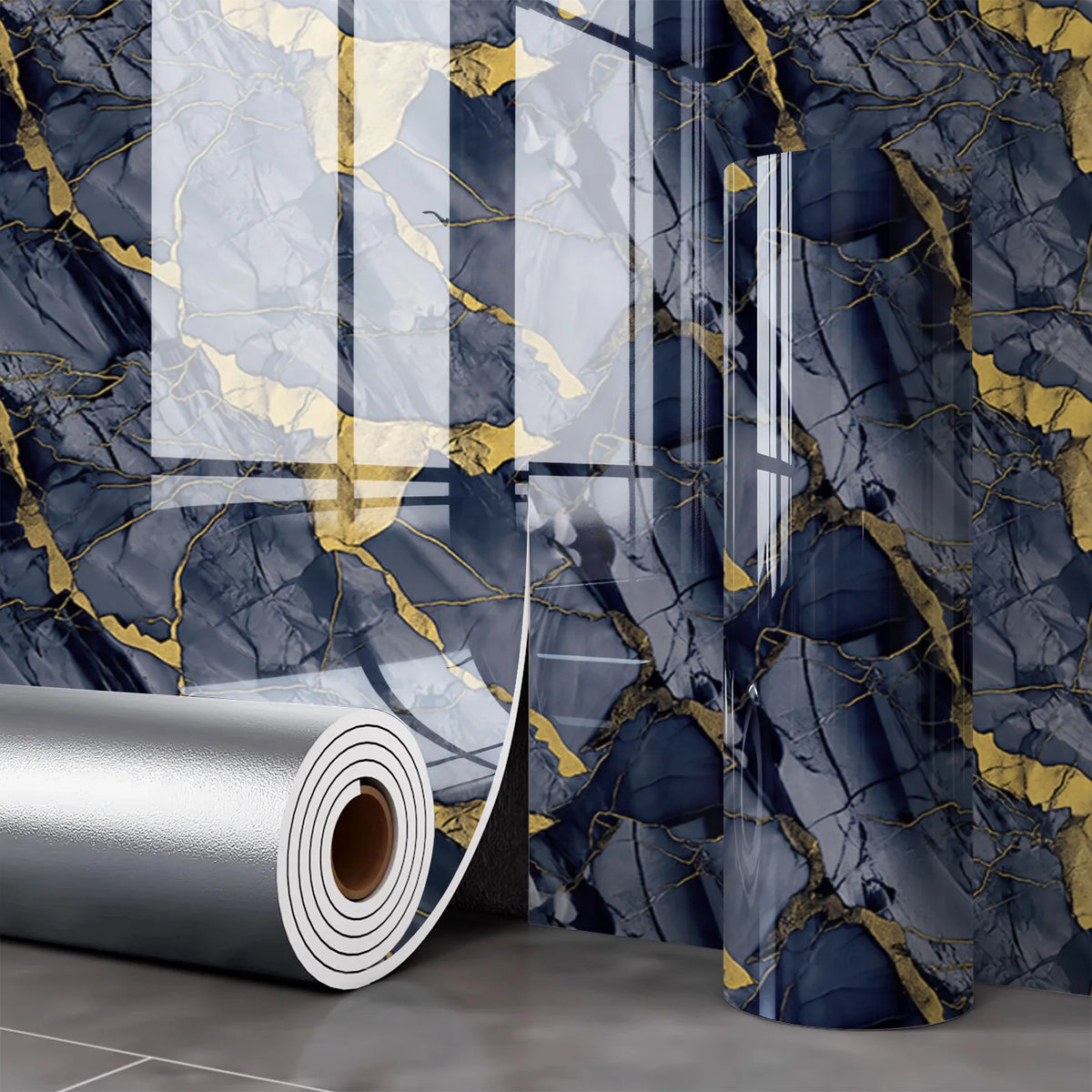 Roll of self-adhesive marble wall sticker featuring dark blue and gold veining on a textured background
